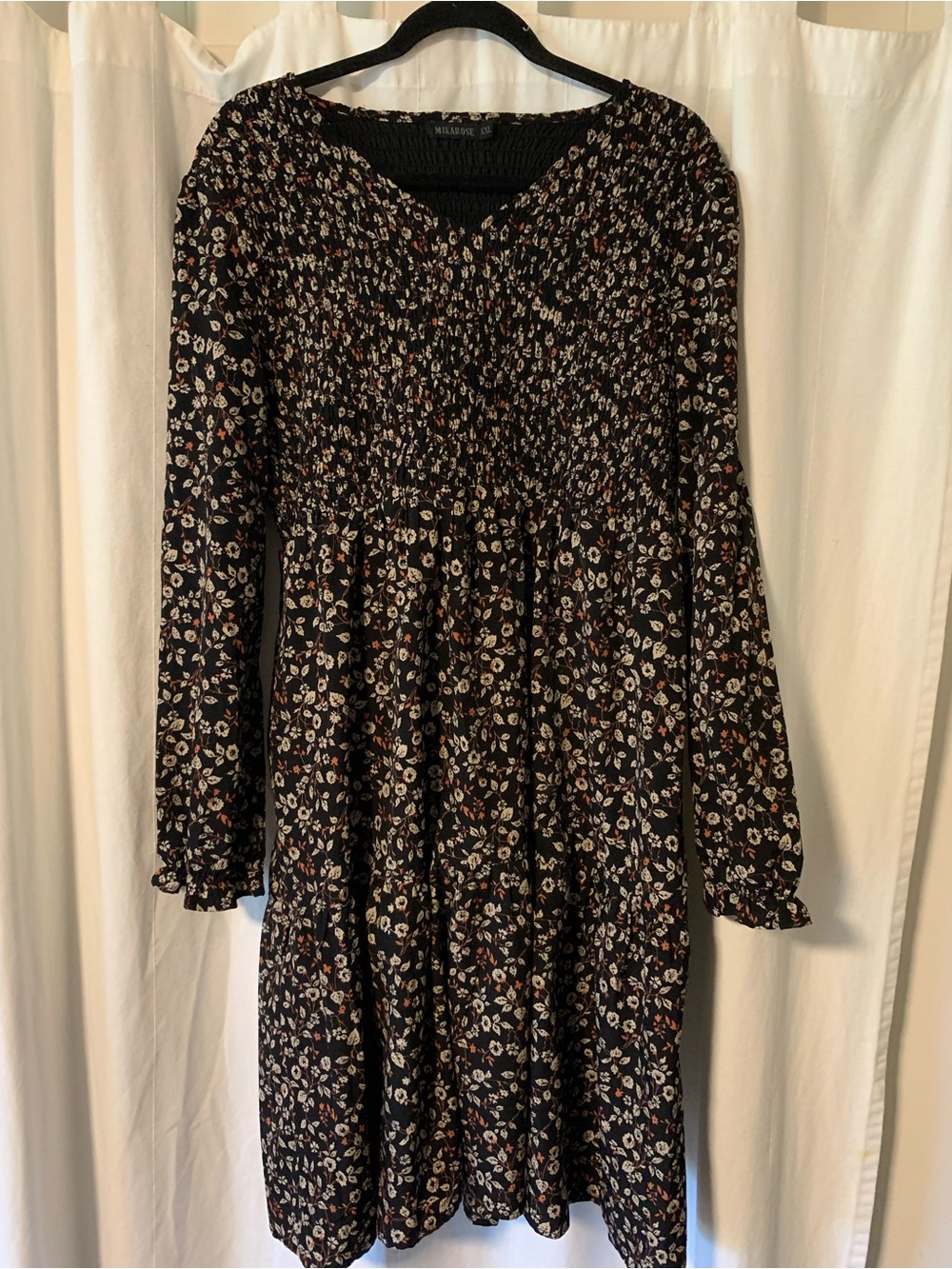 Mikarose Black Floral Midi Dress with Cream & Brown Accents